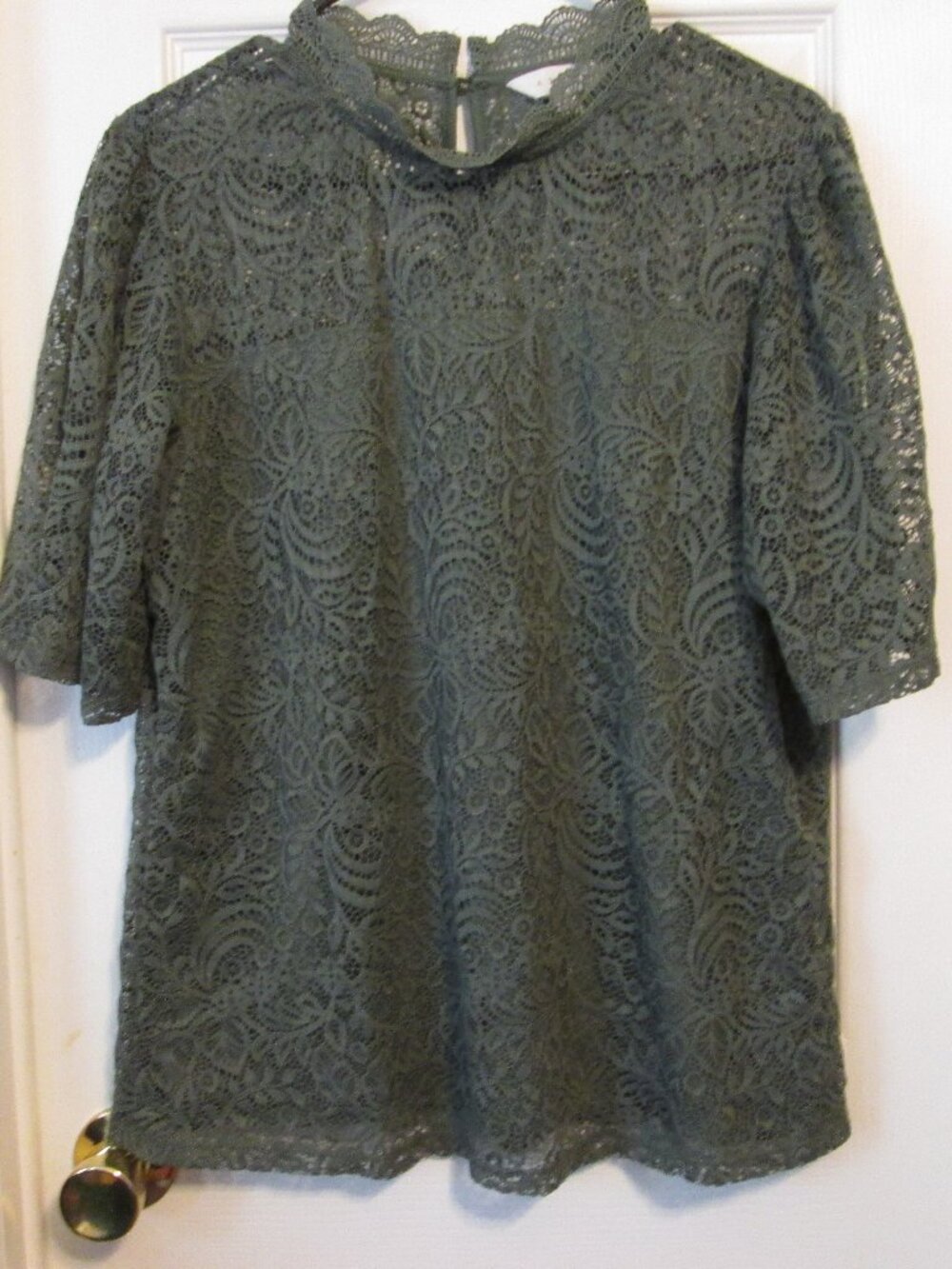 Adiva Women's Dark Olive Green Lace Short Sleeve Top Size XL